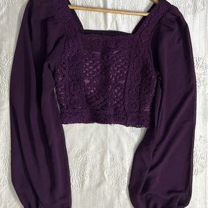 Woven Puff Sleeves Wine Crop Top