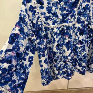 White Blue Floral Cotton Top