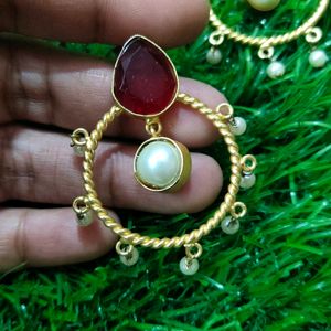 Brass Earrings With Red Stone And Beads