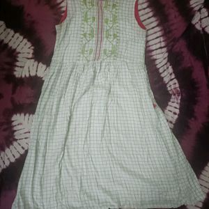 White Cotton Dress With Green And Pink Accent