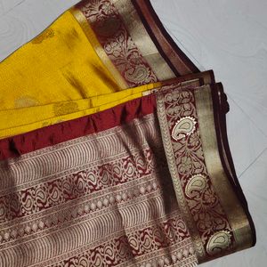 Mustard Yellow Maroon Colour Saree