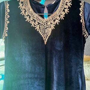 Velvet navy blue Kurta with embroidery detail