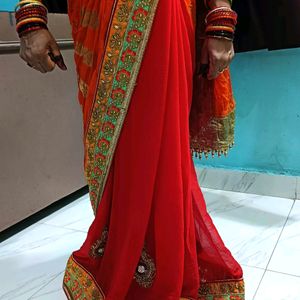 Designer Orange & Red Saree With Blause❤️🧡