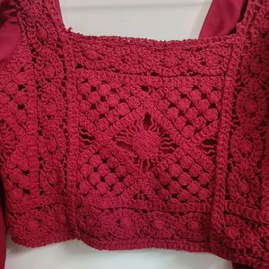 Elegant Red Crochet Puff Sleeve Top