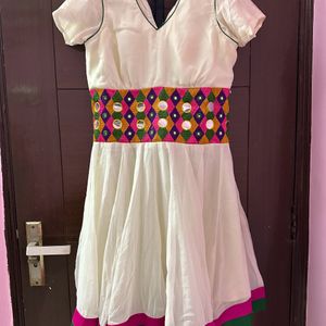 White Gher Dress Kurti With Colourful Border And Dori