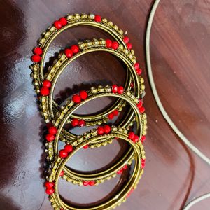 Red Golden Stone Studded Kada Bangles