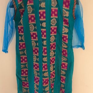 Cotton Silk Kurta With Net Sleeves