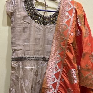 Gold Colour Anarkali Long Kurta Set Size M