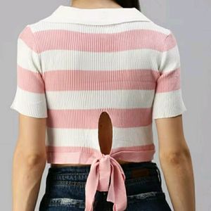 Ribbed Back Knote Striped Collar Neck Crop Top