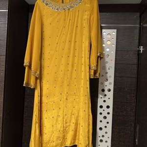 Mustard A-line Top With Black Work On Neck