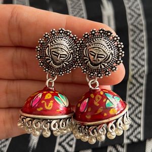 Hand Painted Red Meenakari Jhumka