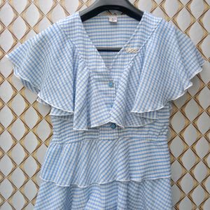 New Cute Wool Blue Stripped Ruffled Top