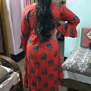 Red Flower Printed Dailywear Anarkali Kurta