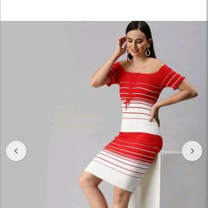 SHOWOFF Bodycon Dress with Off-Shoulders Red White