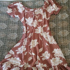 Brown & White Floral Tie-Up NeckA-Line Dress