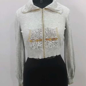 Branded Glittery Embellished Crop Length Jacket