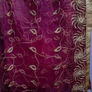 Dark Pink Embroidery Net Dupatta