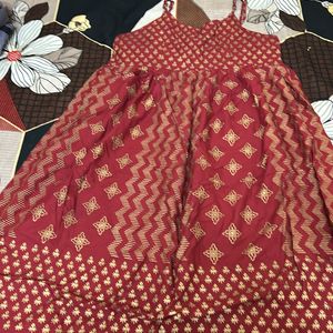 Beautiful Red Golden Kurta For Festivals Sleeveles