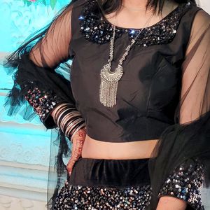 Heavy Black Velvet Sequins Partywear Lehnga