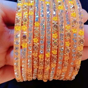 Glass Yellow Bangles 10 Peices