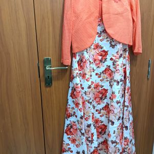 Grown Dress , Orange-white Colour, Floral Pattern