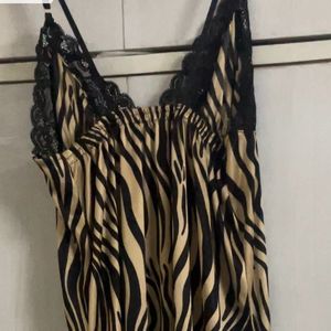 Animal Print Golden & Black Nighty Set With Frill