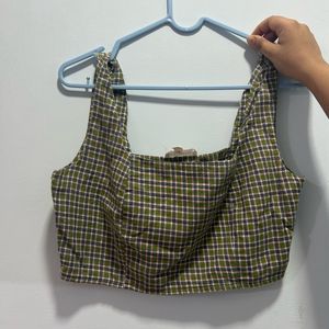 Square Neck Checked Green  Crop Top