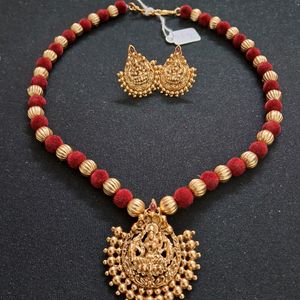 Golden Balls Chain With Laxmi Pendent And Earrings