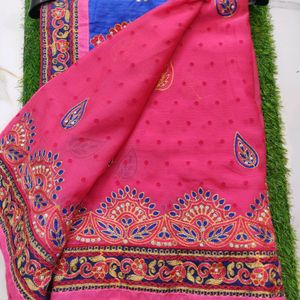 Beautiful Work Pink Saree Broad Blue Border 💙