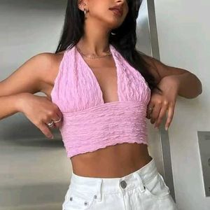 H&M Baby pink Halter Neck Fitted Crop Top