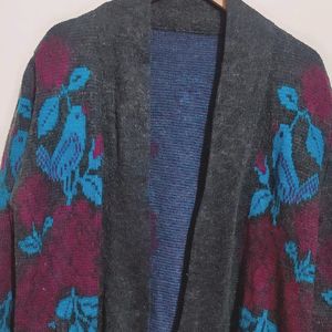 Dark Grey Winter Wool Printed Shrug