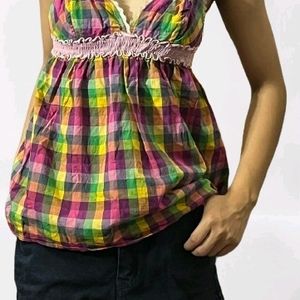 🌸 Sundress Babydoll Plaid Strappy Tank Top