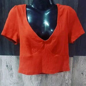 Ribbed Rust Orange V Neck Crop Top