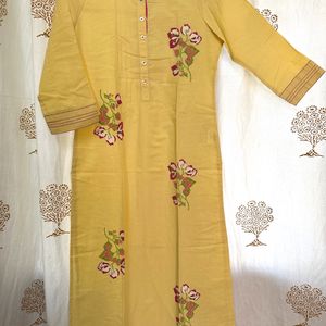 Yellow Kurti with Red Kadhai Work & painted Motif