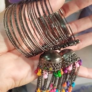 Oxidised Bracelet With Big Jhumka And Tassels