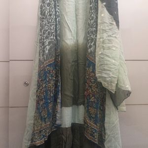 double shade gown with joint shrug and dupatta