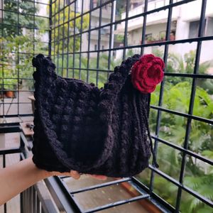 Crochet Black Popcorn With Rose Bag