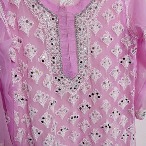 Pink Chikankari kurta with mirror work