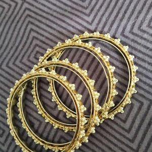 4 Set Gold Plated Bangles With White Pearls