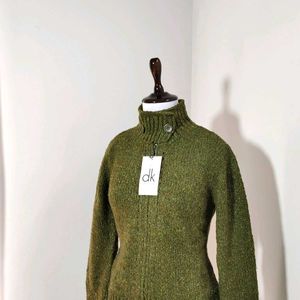 Knitted Zipper Cardigan with Polo Neck & Buttons