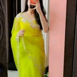 Beautiful Lime Color Saree With Not Used