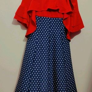 Red & Blue Dotted Print Dress For Girl 12- 14 Year