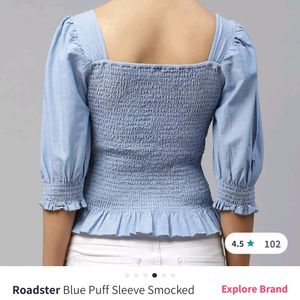 Blue Puff Sleeved Smocked Fitted Top By Roadster