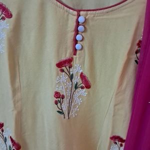 Embroidery  Kurti N Silk  Trouser  With Dupatta