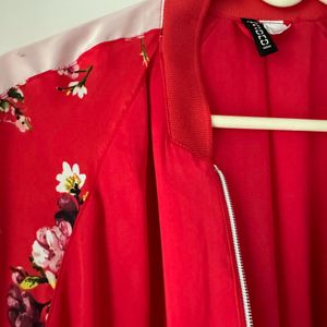 Red Bomber Jacket With Floral Sleeve Detailing