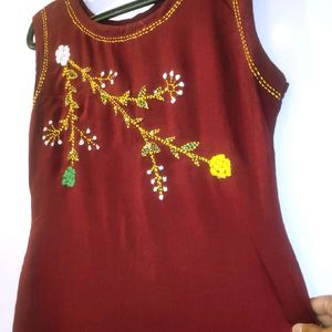 Maroon Embroidered Sleeveless Straight Summer Wear