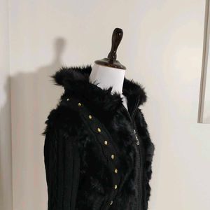 Fur Trim Hooded Knit Jacket