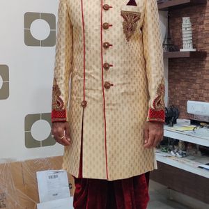 Men Sherwani Dhoti Stitched Set -Cream & Maroon