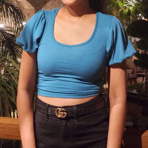 Blue  Crop Top With Stylish Sleeves