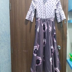 Purple frock . Dotted and flower print dress